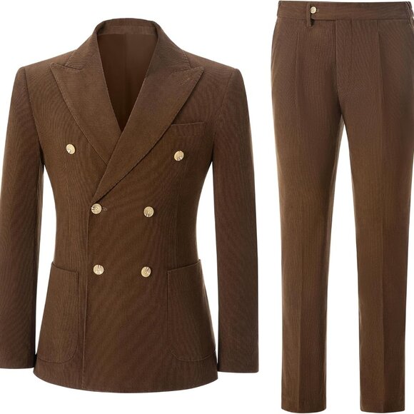 Sophisticated Men's Double-Breasted Corduroy Suit - Perfect for Formal Occasions